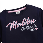 victor and jane girls navy blue sweatshirt with pink and white Malibu California embroidery and heart detail