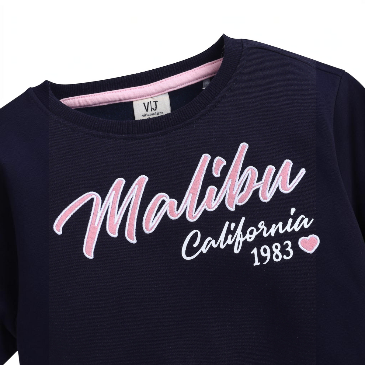 victor and jane girls navy blue sweatshirt with pink and white Malibu California embroidery and heart detail