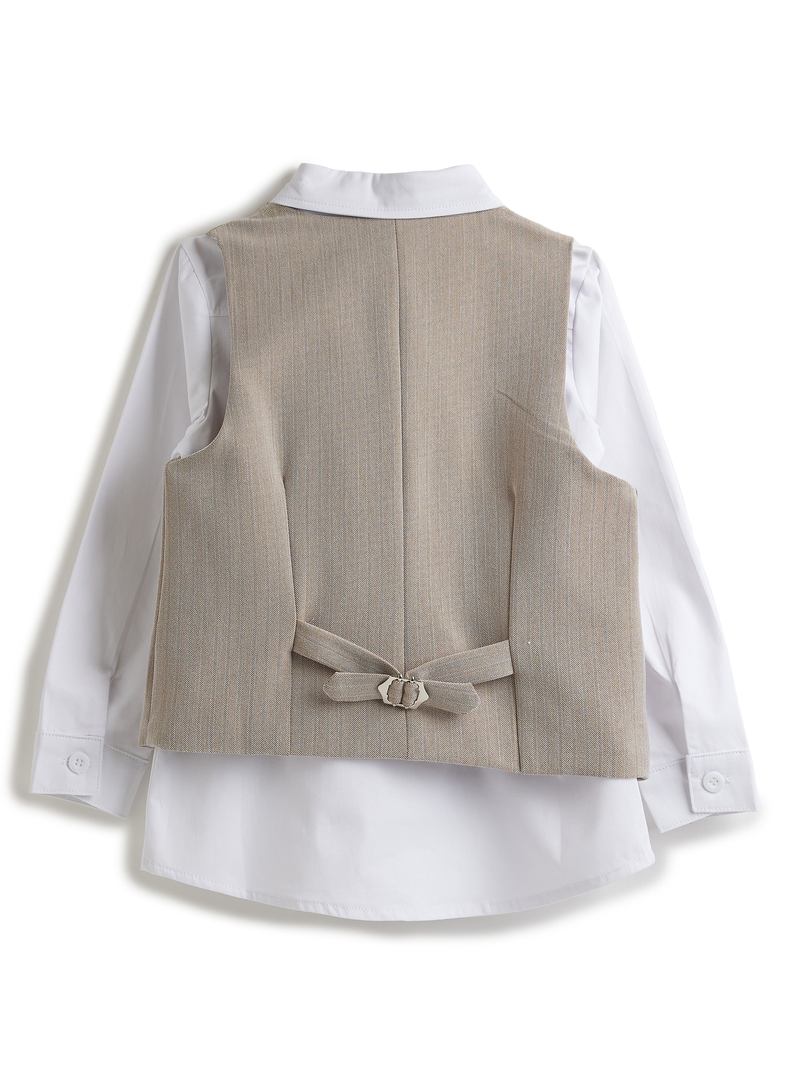 Ecru/Taupe Waistcoat And Pant Set With Shirt And Bow Tie
