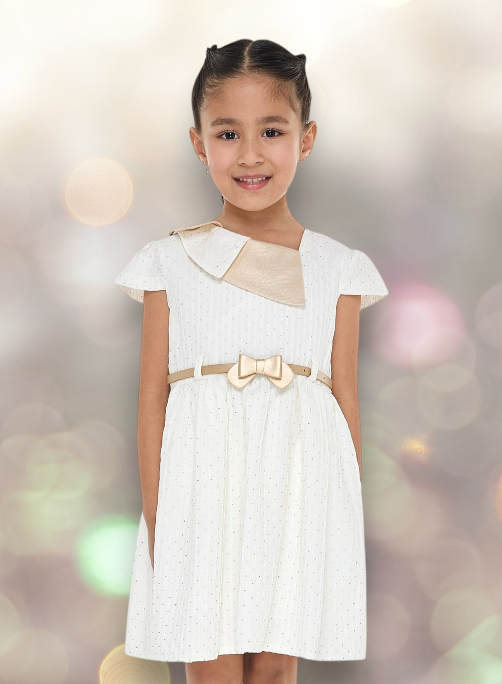 Ivory/Gold Lapel Jacquard Dress