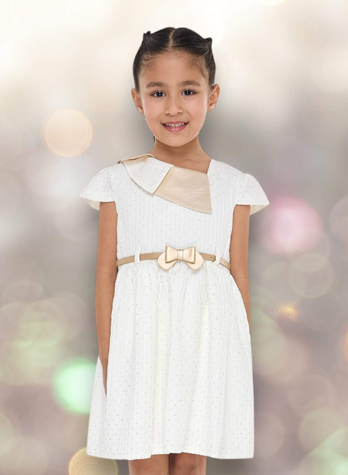 Ivory/Gold Lapel Jacquard Dress