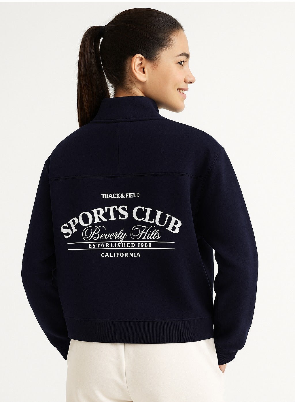 “Sports Club” Girls' Half-Zip Sweatshirt – Navy | 100% Cotton Fleece |