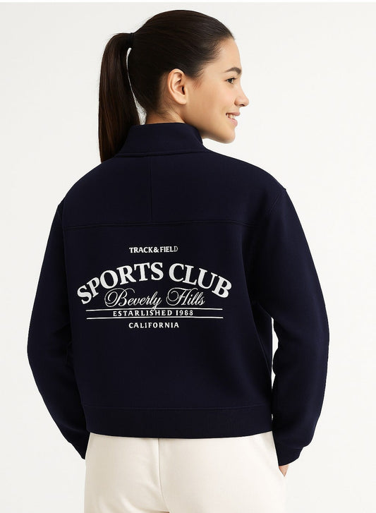“Sports Club” Girls' Half-Zip Sweatshirt – Navy | 100% Cotton Fleece |