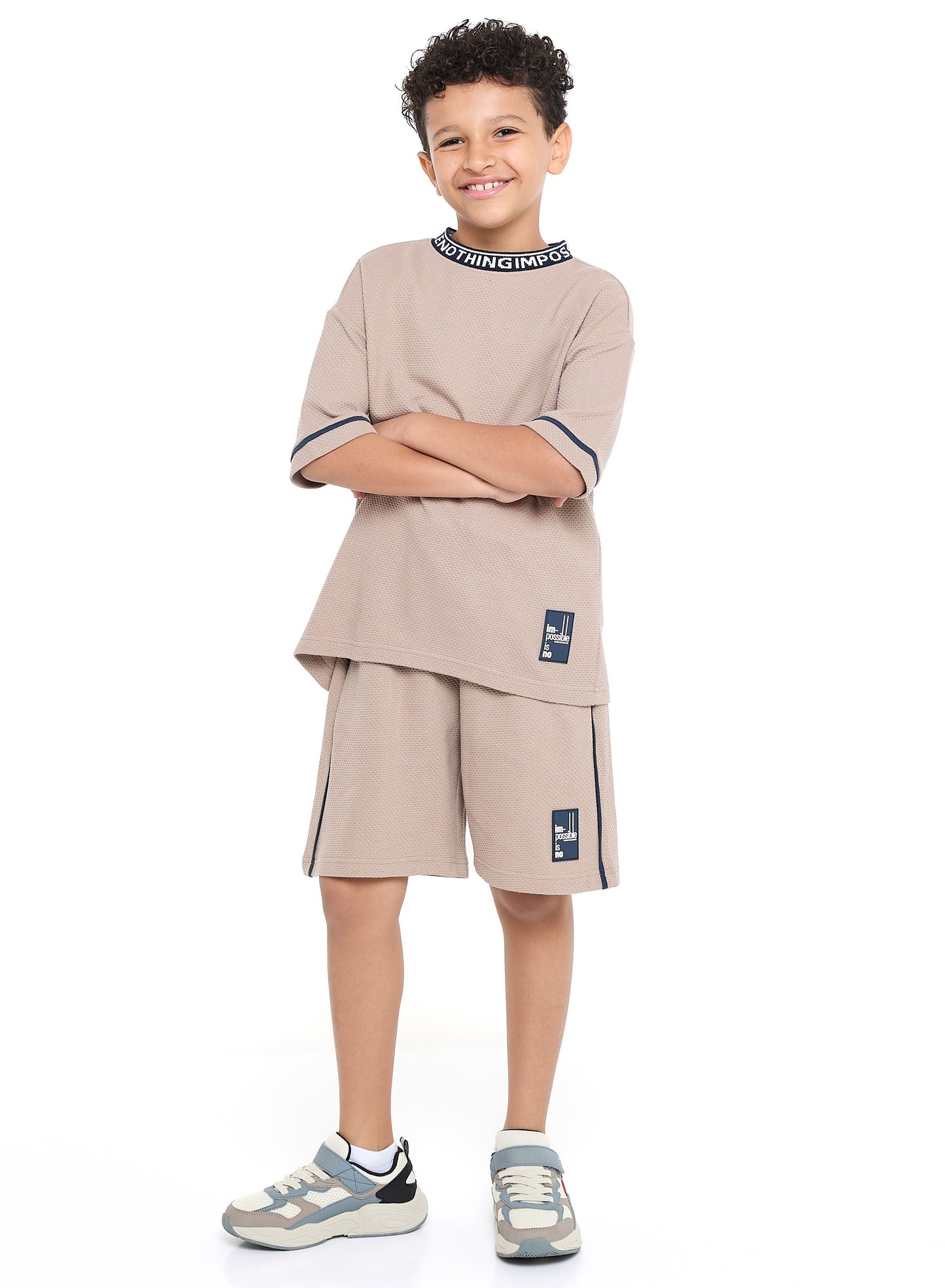 Victor and Jane Boys' Jacquard Set – Light Brown 2-Piece Outfit with Label Detail