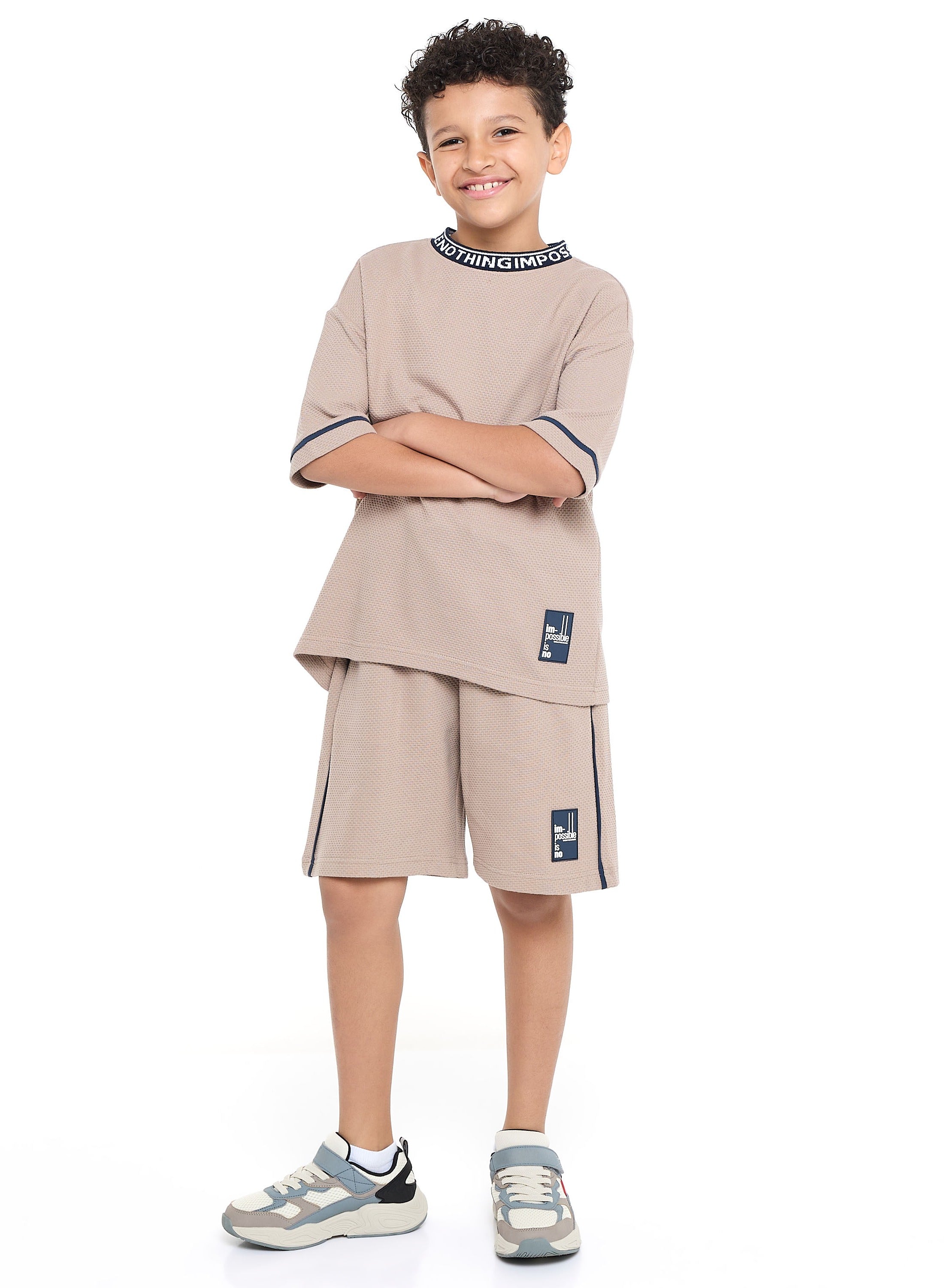 Victor And Jane Boys' Jacquard Set “ Light Brown 2-Piece Outfit With Label Detail