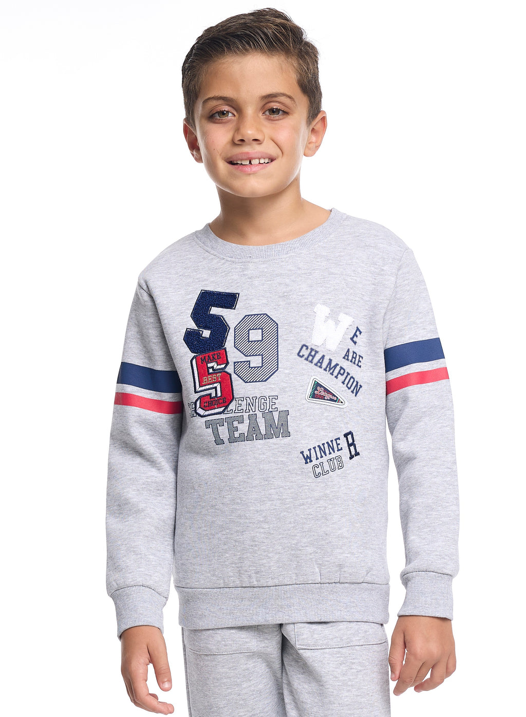 Victor And Jane Cotton Champion Team Printed And Embroidered Full Sleeves Sweatshirt And Joggers Co-Ords Set - Grey