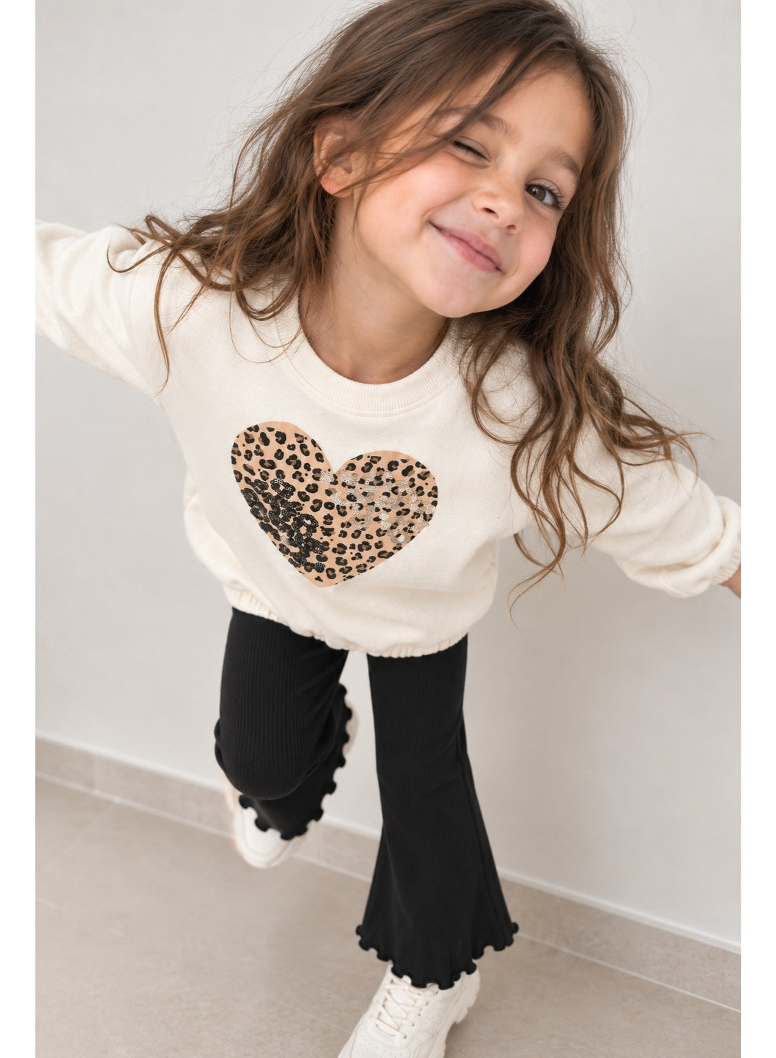 Girls Heart Graphic Sweatshirt and Ribbed Flared Pants Set