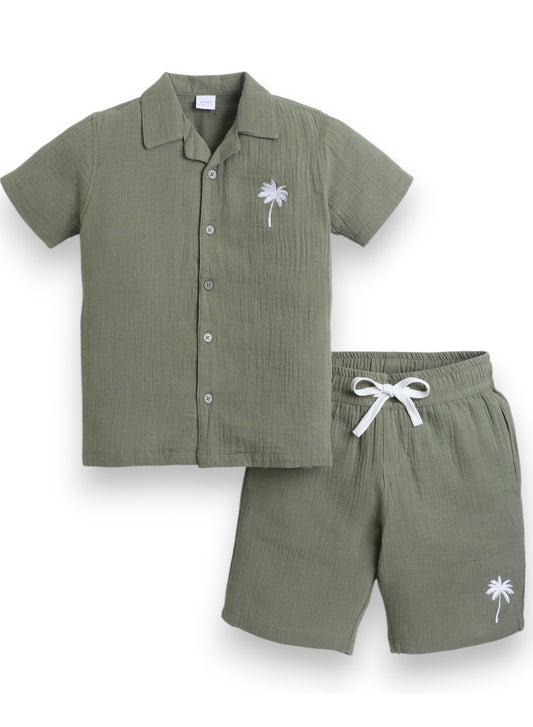 Boys' Casual Cotton Shirt & Shorts Set with pocket Embroidery Motif – Short Sleeve Outfit - Olive