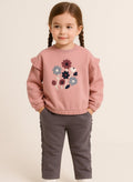 Dirkje Cotton Floral Embroidered Full Sleeves Fluttered Sweatshirt & Joggers Set - Grey/Pink