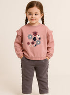 Dirkje Cotton Floral Embroidered Full Sleeves Fluttered Sweatshirt & Joggers Set - Grey/Pink