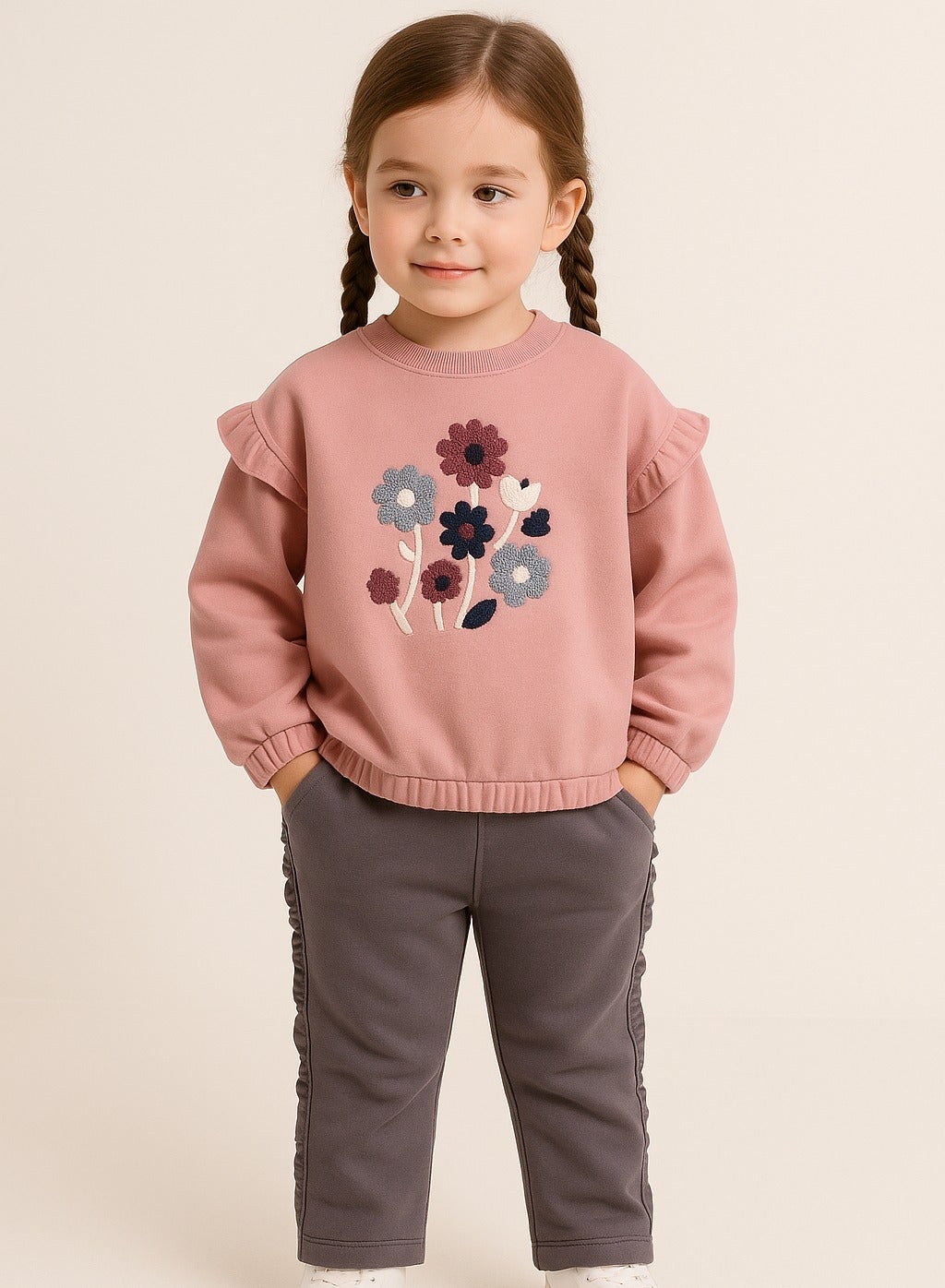 Dirkje Cotton Floral Embroidered Full Sleeves Fluttered Sweatshirt & Joggers Set - Grey/Pink