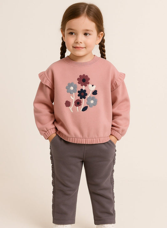 Girls Floral Chenille Fleece Tracksuit – Dusty Rose & Grey 2-Piece Set