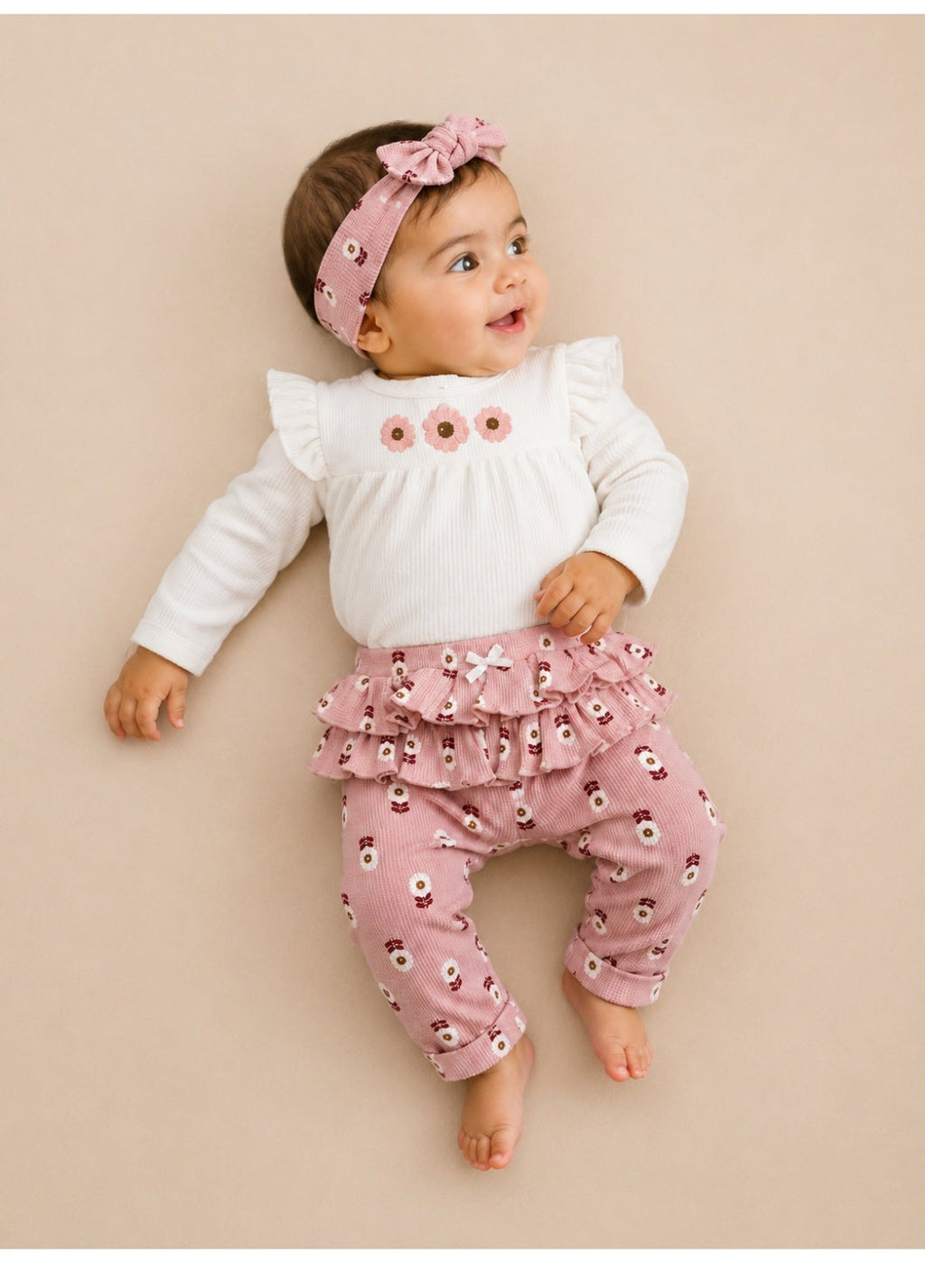 Baby Girls Long Sleeve Bodysuit and Ruffle Pants Set with Headband (3-Piece)