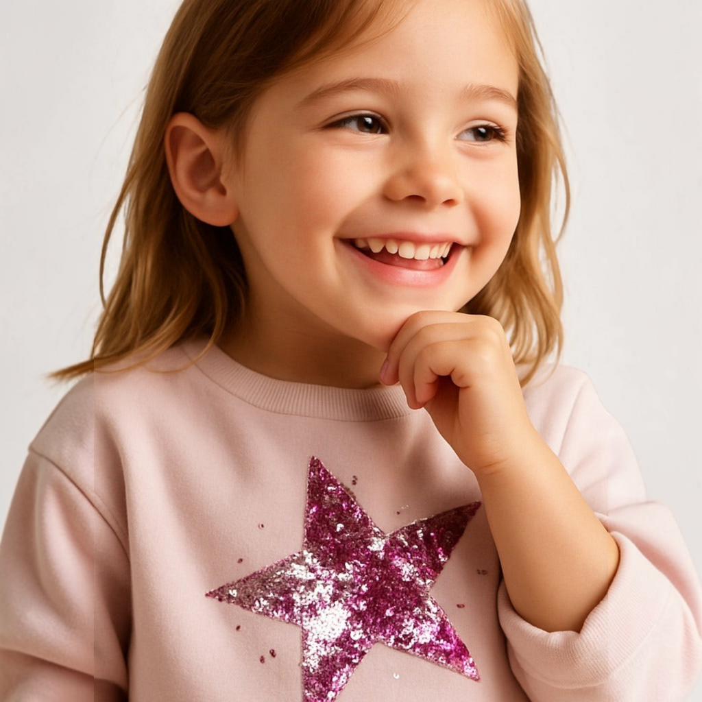 victor and jane girls light pink sweatshirt featuring a large sparkly purple sequin star design on the front