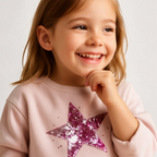 victor and jane girls light pink sweatshirt featuring a large sparkly purple sequin star design on the front