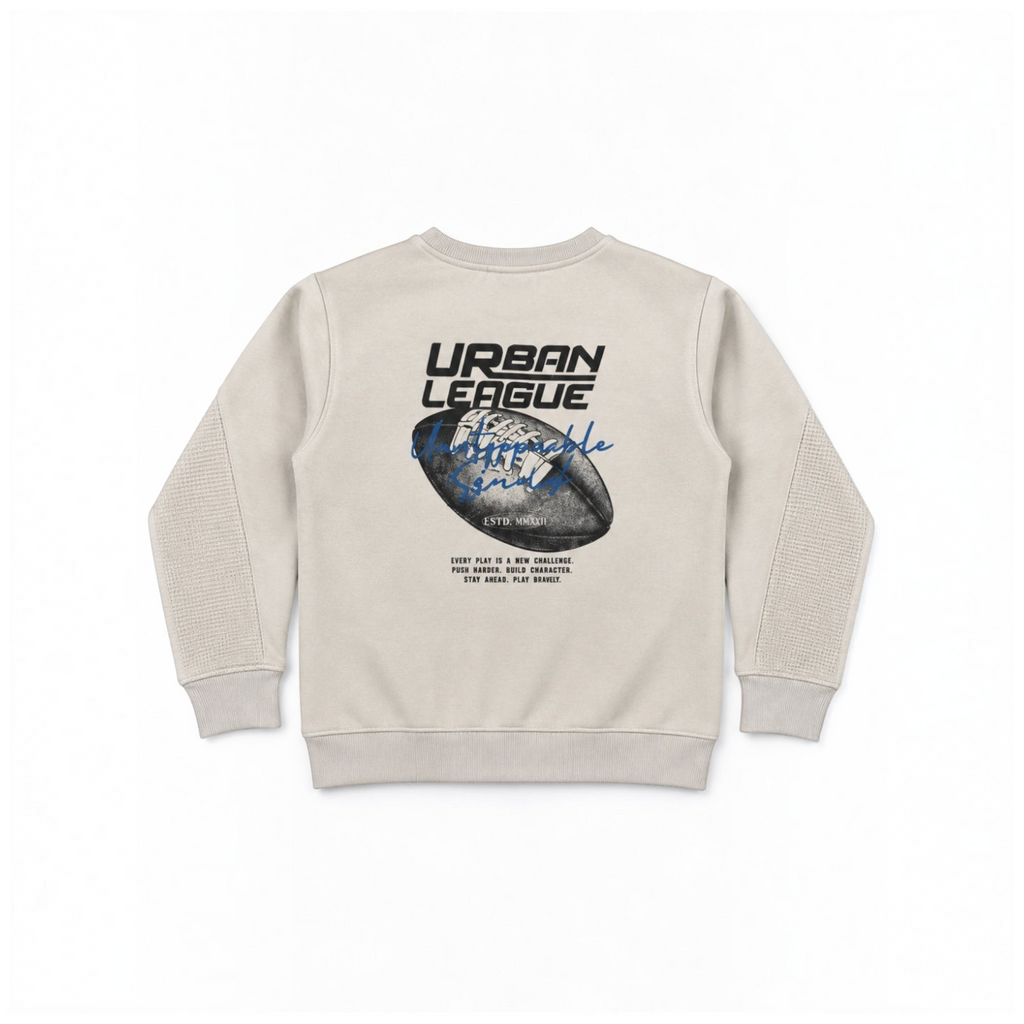 victor and jane boys' beige fleece sweatshirt featuring an Urban League football graphic on the back