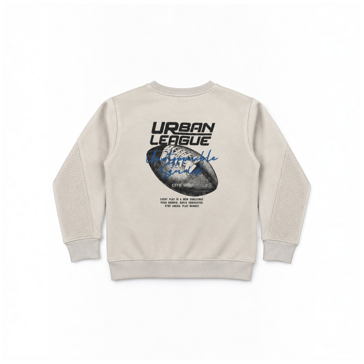 victor and jane boys' beige fleece sweatshirt featuring an Urban League football graphic on the back