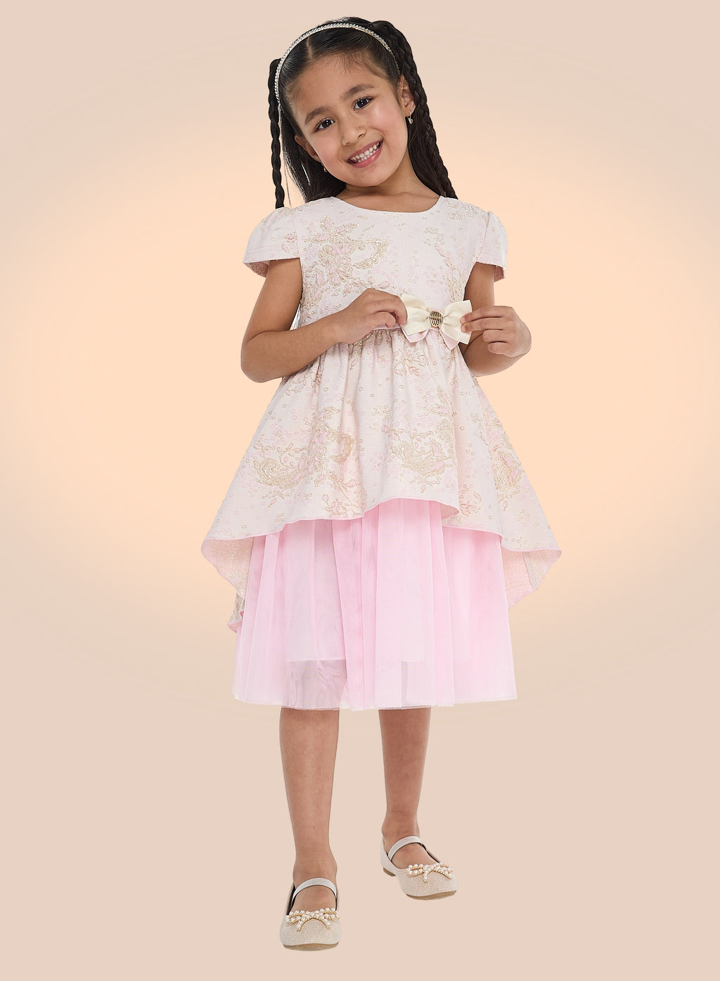 Girls Elegant Lt Pink/Gold Jacquard & Tulle Party Dress