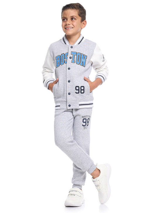 Boys’ Stylish Varsity Tracksuit – Grey Boston Print Jacket & Joggers
