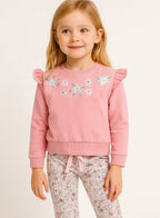 Dirkje Cotton Floral Embroidered Full Sleeves Sweatshirt & Joggers Set - Coral And Beige
