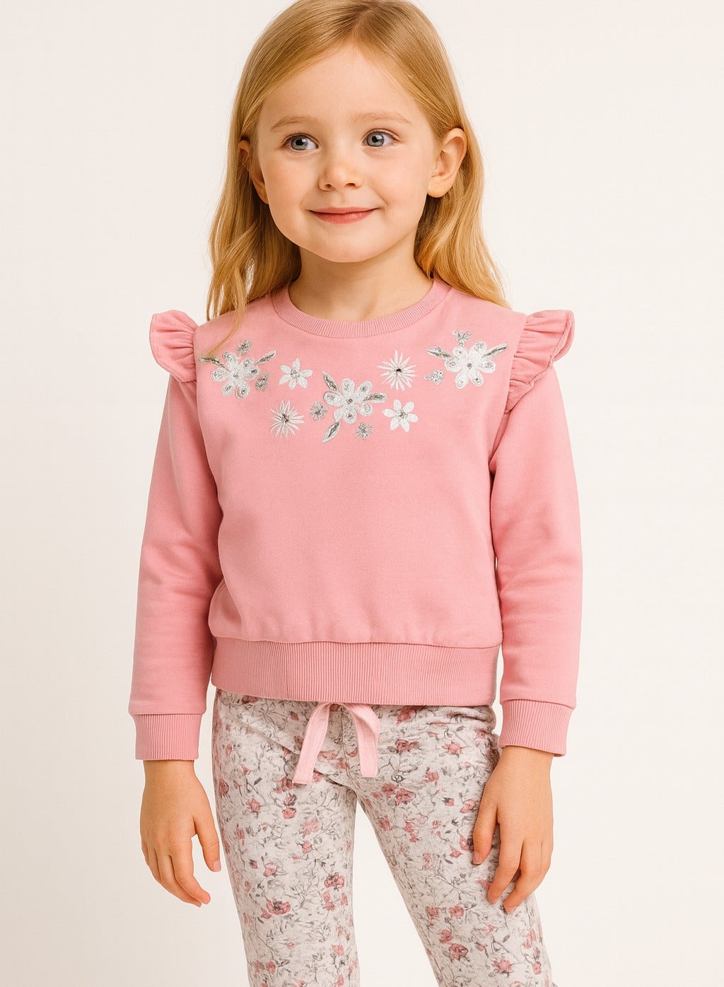 Dirkje Cotton Floral Embroidered Full Sleeves Sweatshirt & Joggers Set - Coral And Beige