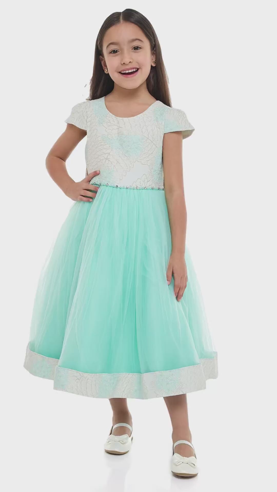 Girls Mint Jacquard & Tulle Dress