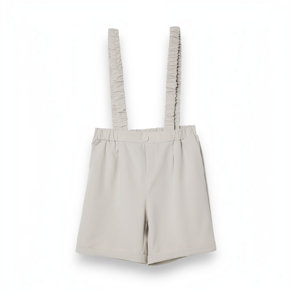 victor and jane boys beige shorts with attached elasticated ruffled suspenders for a formal look