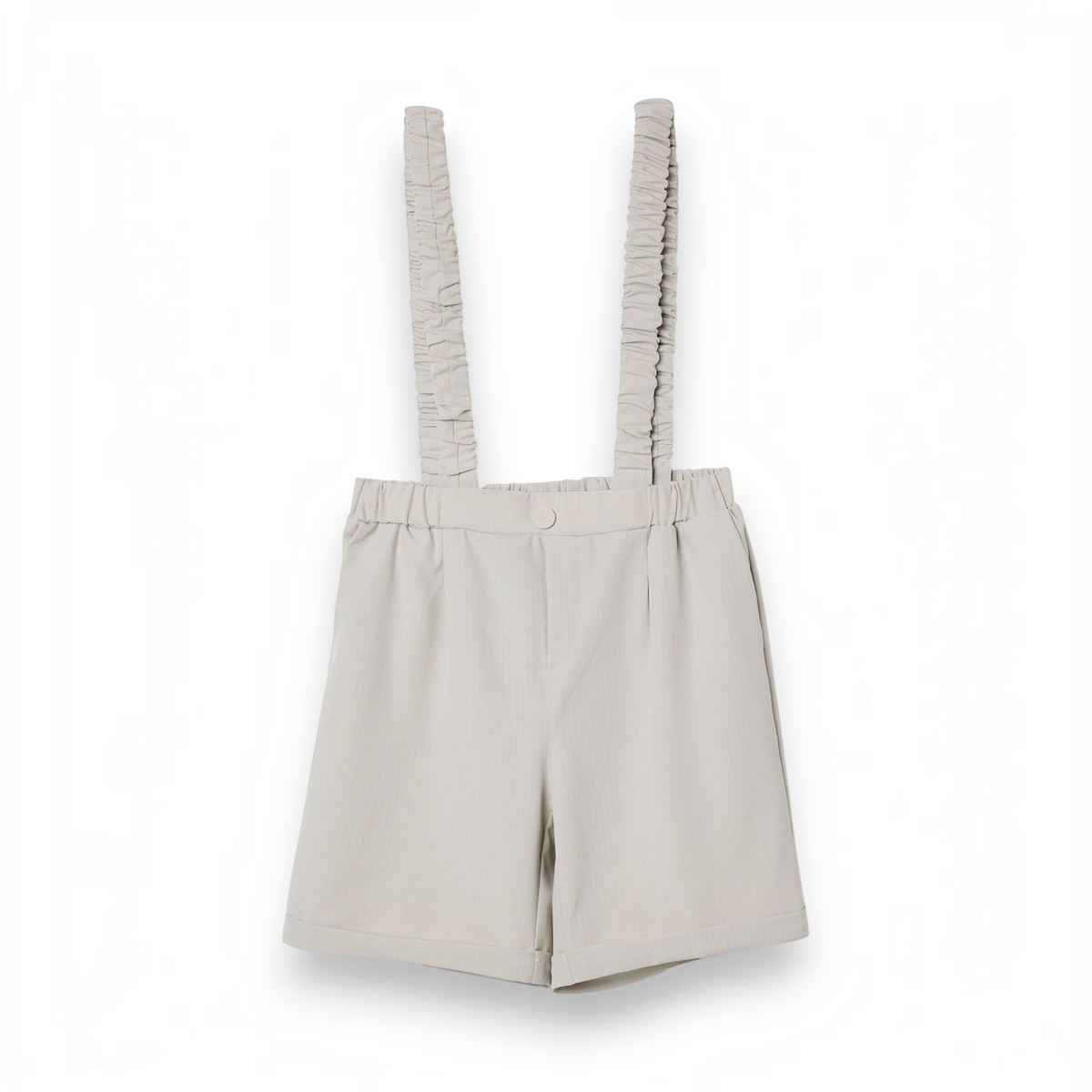 victor and jane boys beige shorts with attached elasticated ruffled suspenders for a formal look
