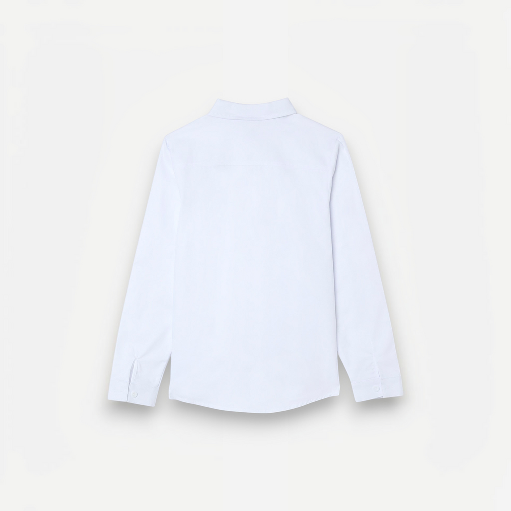 Back view of a crisp white long-sleeved button-down shirt from the victor and jane boys 4Pc Waistcoat Shirt Set