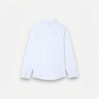 Back view of a crisp white long-sleeved button-down shirt from the victor and jane boys 4Pc Waistcoat Shirt Set