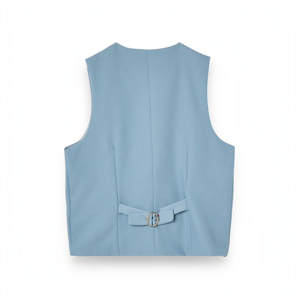 Back view of a victor and jane boys blue waistcoat featuring an adjustable strap with a silver buckle