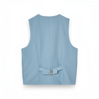 Back view of a victor and jane boys blue waistcoat featuring an adjustable strap with a silver buckle