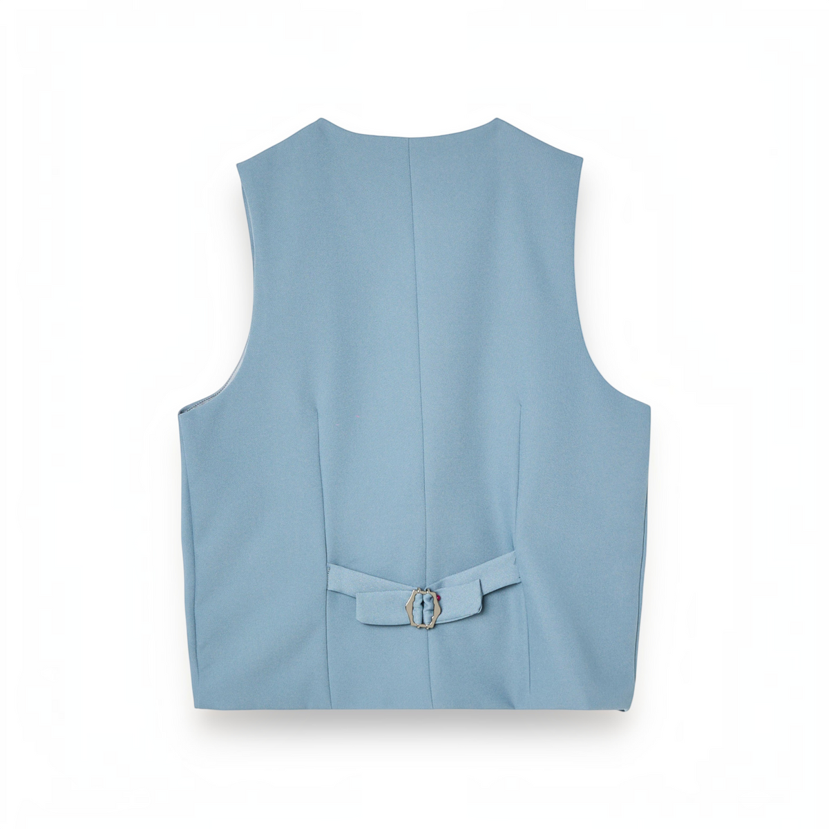 Back view of a victor and jane boys blue waistcoat featuring an adjustable strap with a silver buckle