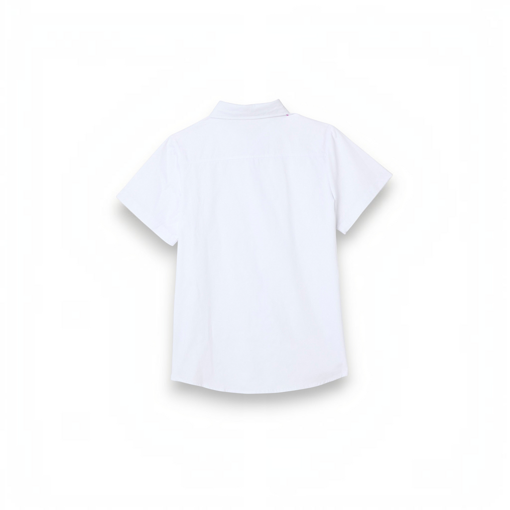 Back view of a crisp white short-sleeved button-down shirt from the victor and jane boys 4-piece waistcoat set.