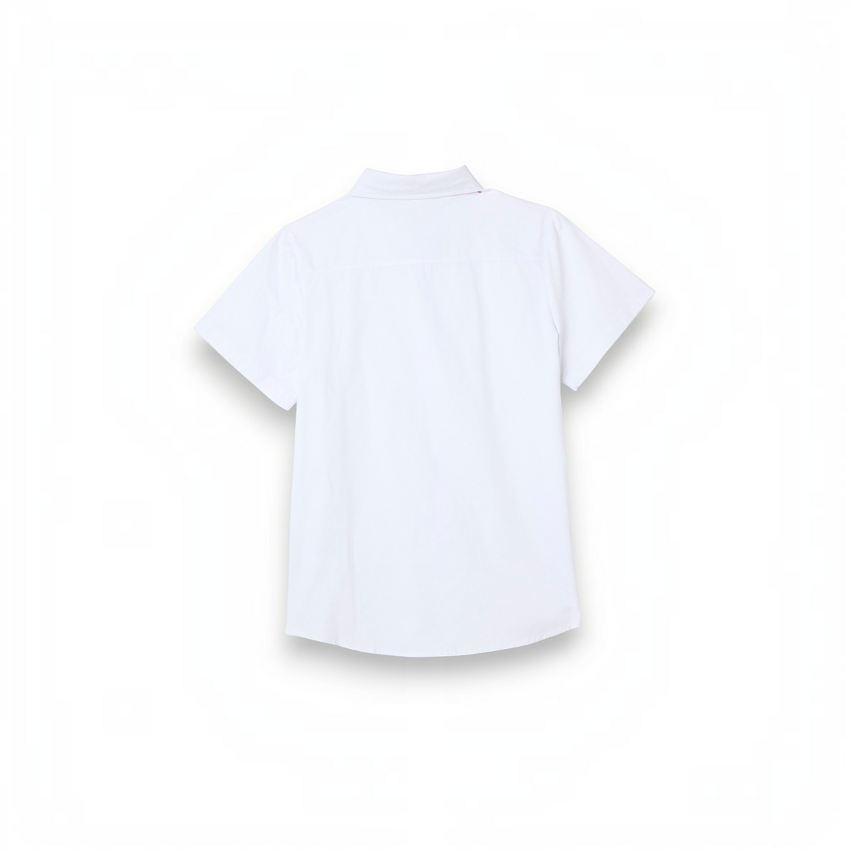 Back view of a crisp white short-sleeved button-down shirt from the victor and jane boys 4-piece waistcoat set.