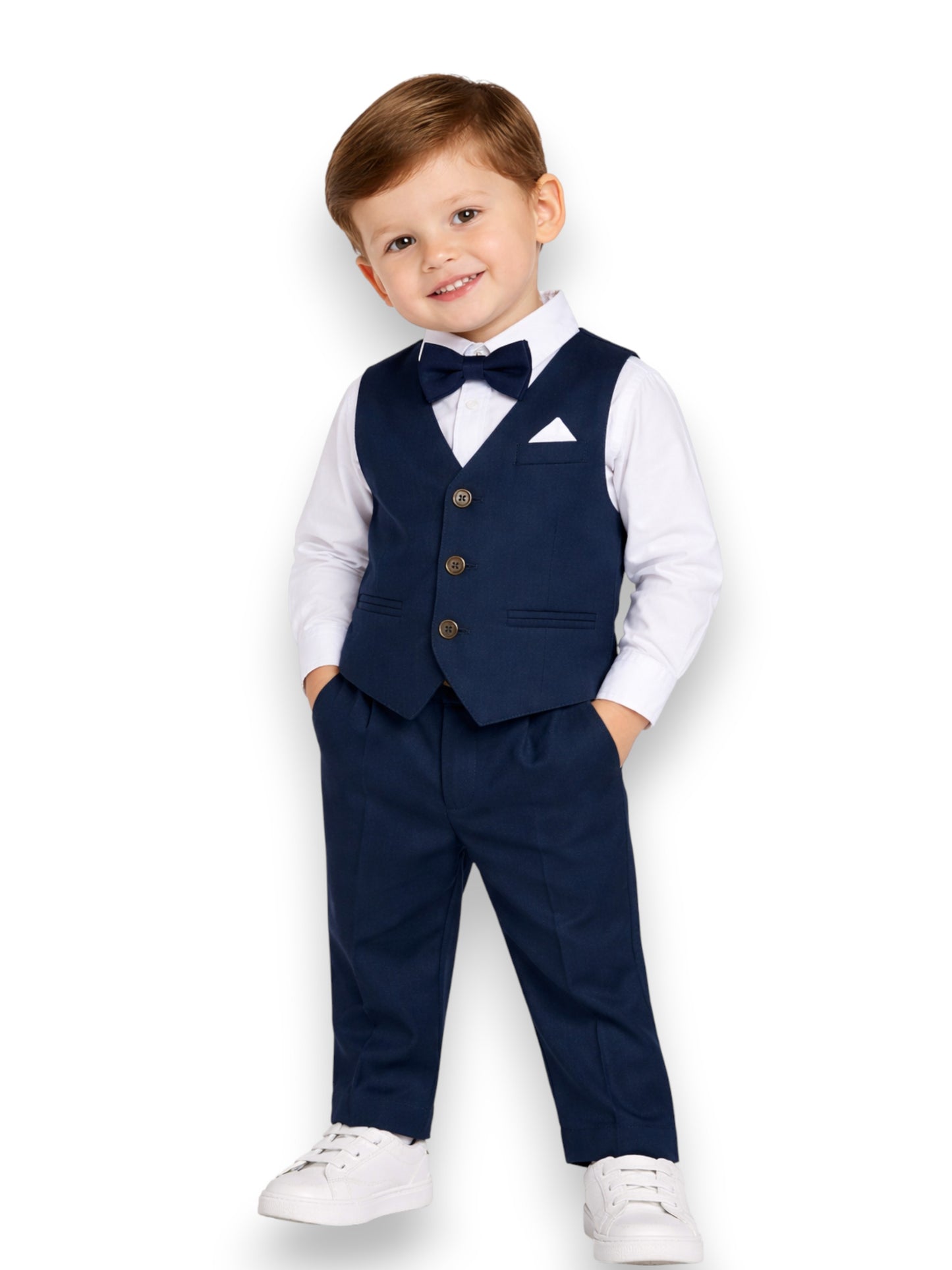 Boys 4 Pc Set Blue Waistcoat, Shirt, Trousers & Bow Tie Set (3 Years–8 Years)