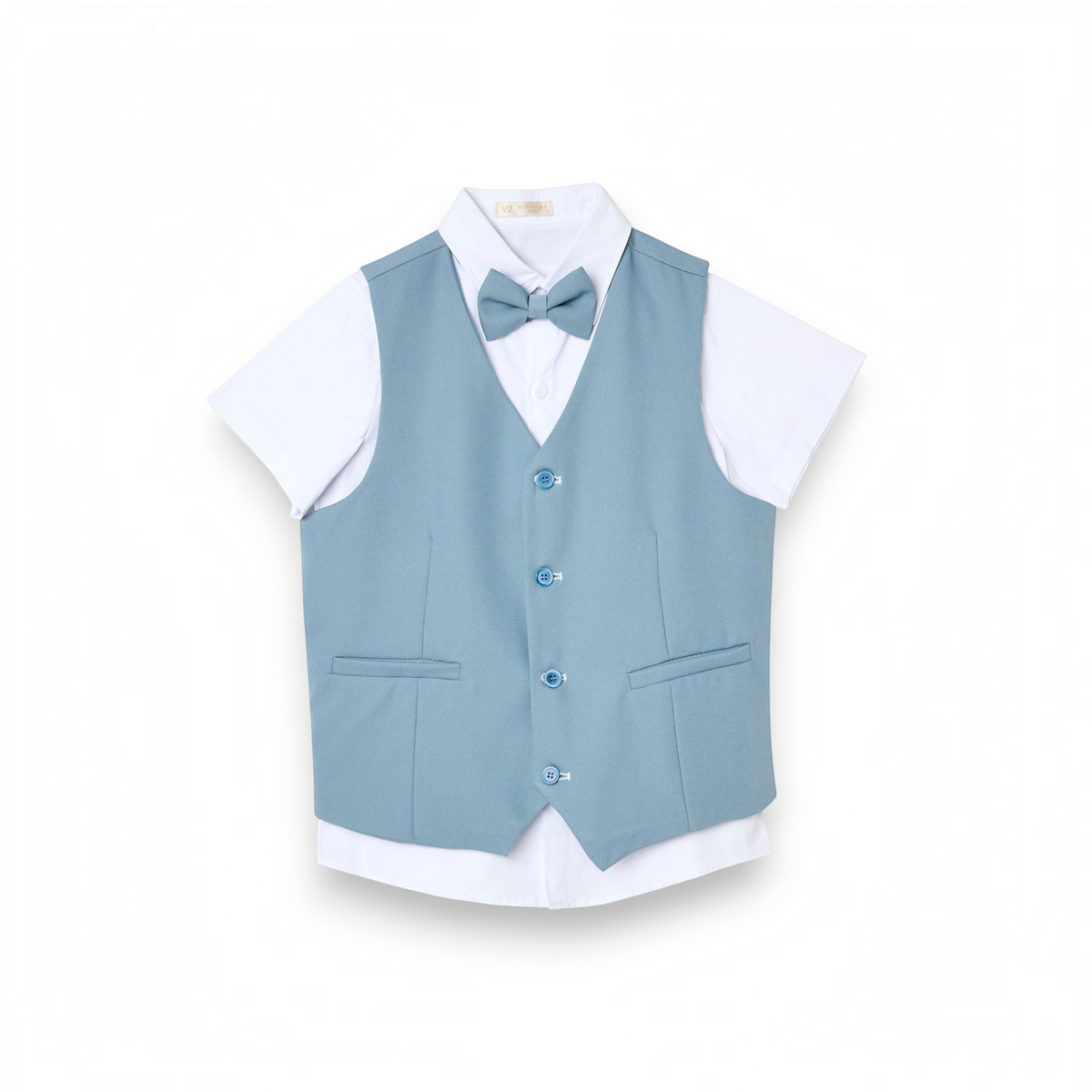 victor and jane boys 4-piece formal set with a dusty blue waistcoat, matching bow tie, and white short-sleeve shirt