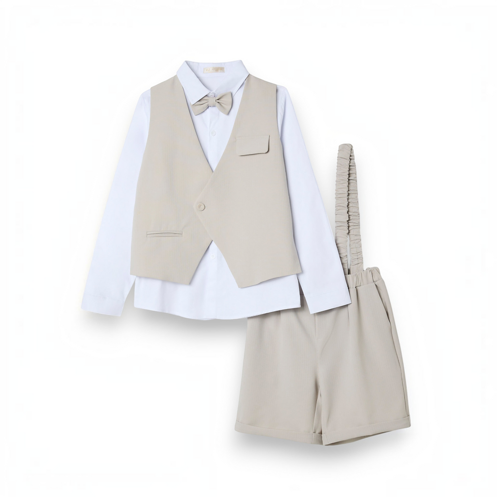 victor and jane boys 4-piece formal set with a beige waistcoat, white shirt, matching shorts with suspenders, and bow tie