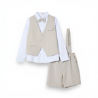 victor and jane boys 4-piece formal set with a beige waistcoat, white shirt, matching shorts with suspenders, and bow tie
