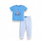 victor and jane baby boys blue t-shirt with sailboat graphic and matching striped joggers with sailboat print