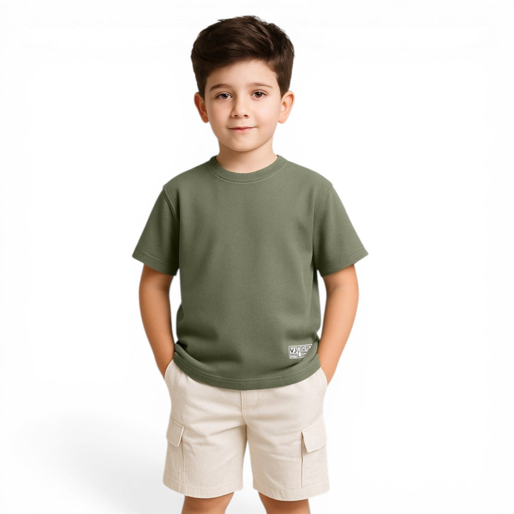 Junior Boys Textured Cotton T-Shirt - Olive Green