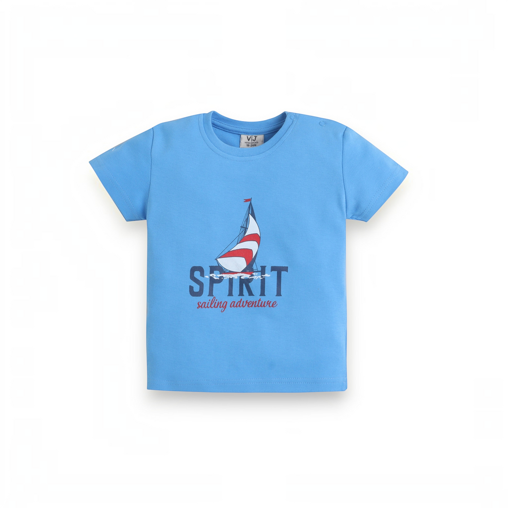 victor and jane baby boys light blue cotton t-shirt with a sailing adventure boat print and shoulder snap buttons