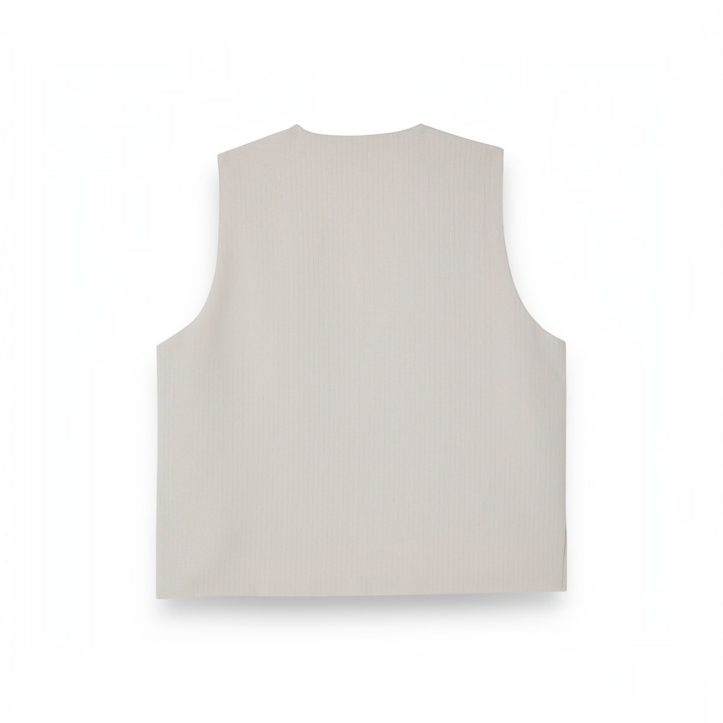 Back view of a beige pinstriped waistcoat from victor and jane for boys formal wear