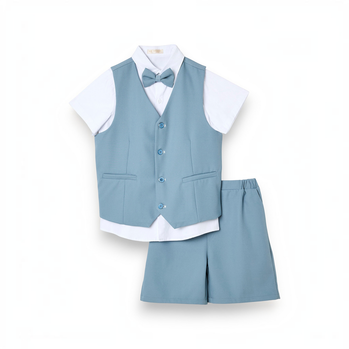 victor and jane boys 4-piece formal set with a dusty blue waistcoat, matching shorts, white shirt, and bow tie.
