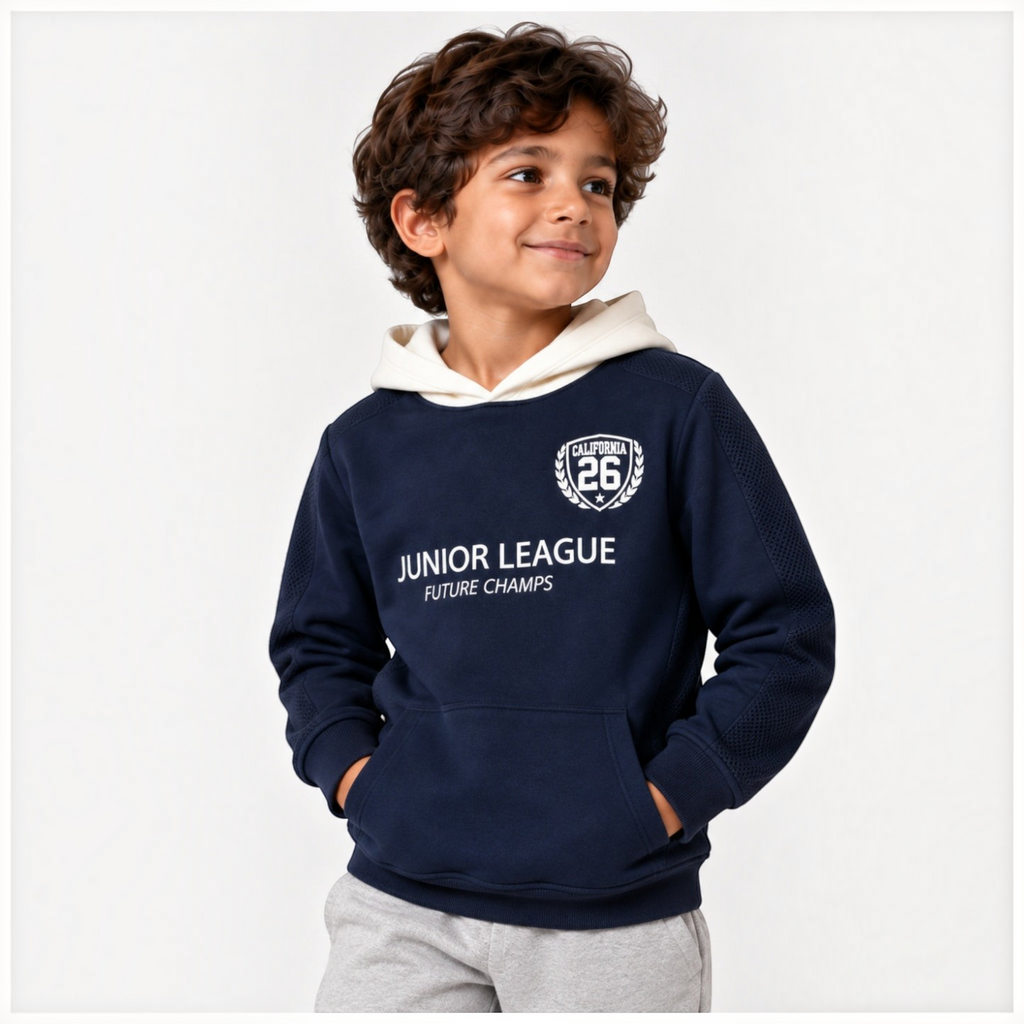 victor and jane boys' navy blue graphic fleece hoodie with cream hood and Junior League print